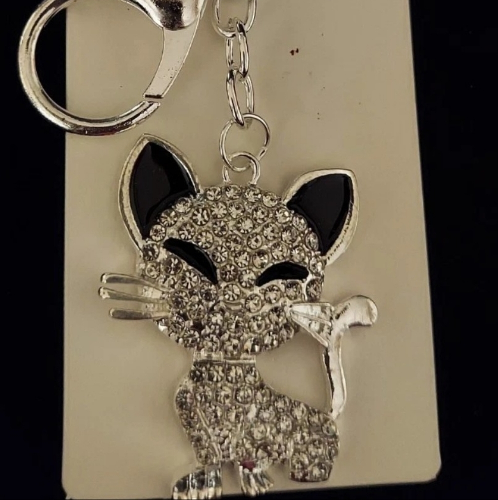 Cat Rhinestones Enamel Black Ears Silver Tone Keychain Bag Purse Charm New